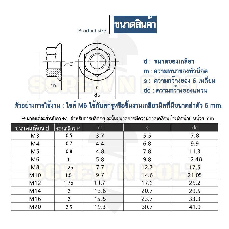 หัวน็อต ตัวเมีย ติดแหวน สแตนเลส 304 เกลียวมิล หยาบ M6 M8 M10 / Hexagon Flange Nut /w Serration SUS304 M6 M8 M10