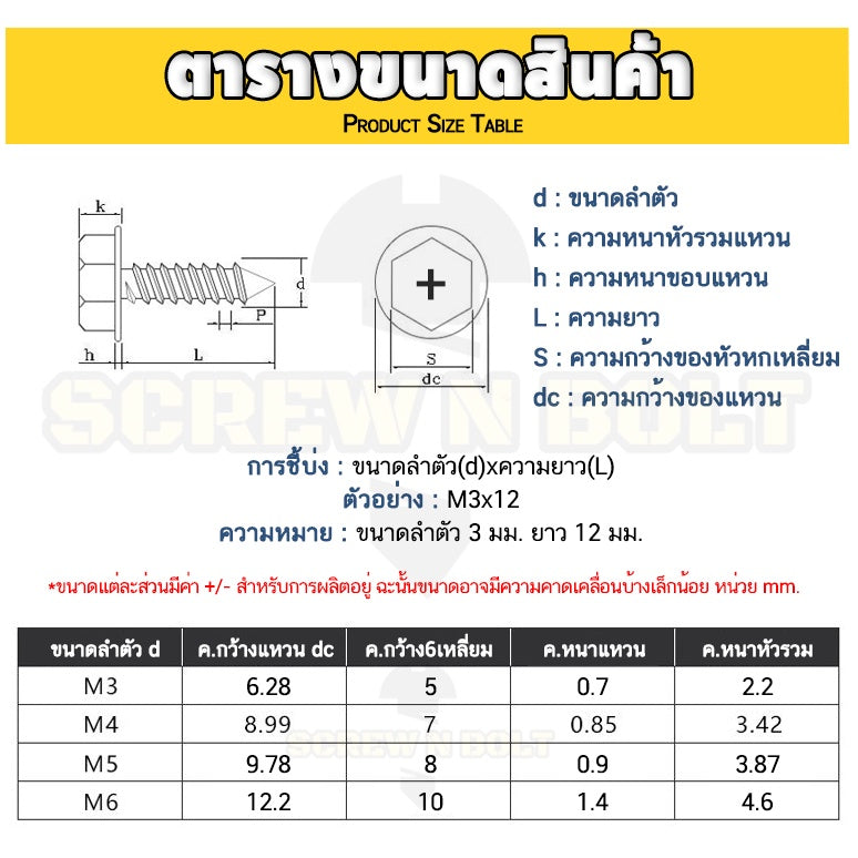 สกรู น็อต หัวหกเหลี่ยมติดแหวน ติดจาน แฉก มีลาย สแตนเลส 304 เกลียวปล่อย M3M4M5M6 / Hex Washer Phil Serration Tapping
