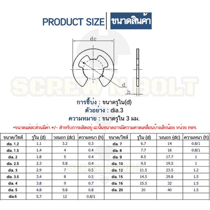 แหวนล็อค ตัวอี E อีริง แหวนเกือกม้า คลิปล็อคแกน สแตนเลส 304 - dia 1.2 - 15 mm. / Retaining E-Clip Shaft Ring SUS304