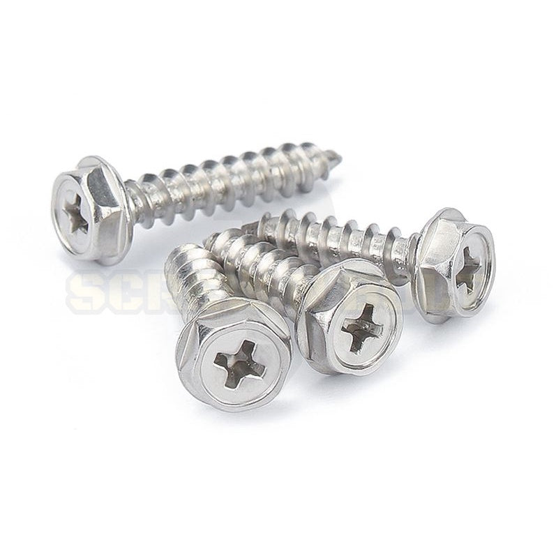 สกรู น็อต หัวหกเหลี่ยมติดแหวน ติดจาน แฉก มีลาย สแตนเลส 304 เกลียวปล่อย M3M4M5M6 / Hex Washer Phil Serration Tapping