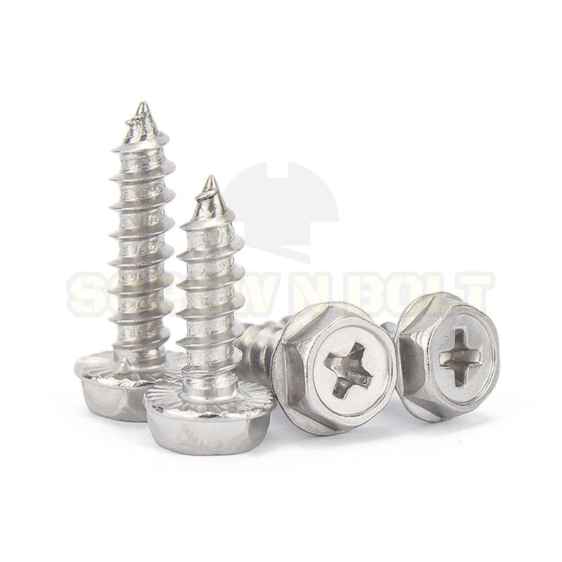 สกรู น็อต หัวหกเหลี่ยมติดแหวน ติดจาน แฉก มีลาย สแตนเลส 304 เกลียวปล่อย M3M4M5M6 / Hex Washer Phil Serration Tapping