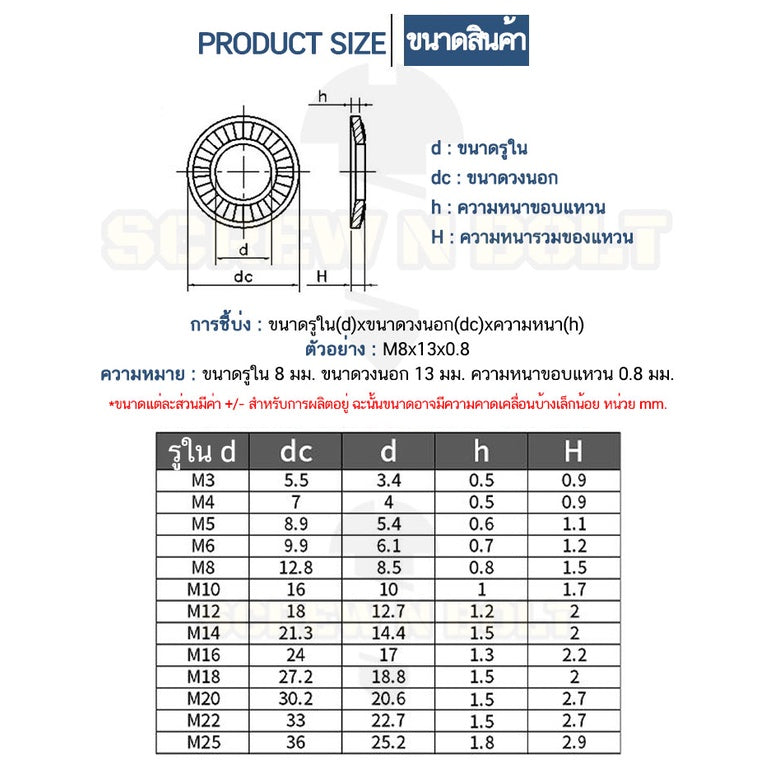 แหวนรอง แหวนรองน็อต ล็อค ฟันบนลาง กันสั่น กันคลาย สแตนเลส 304 - M3 - M25 / Serrated Lock Washer SUS304