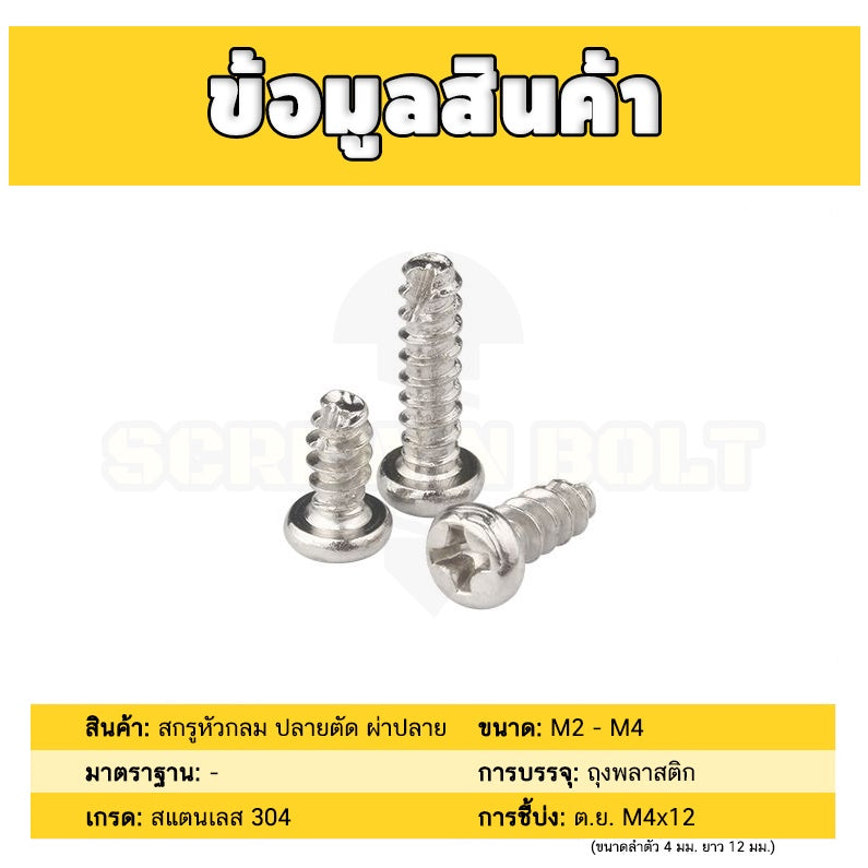 สกรู น็อต หัวกลม แฉก + ขันพลาสติก สแตนเลส 304 เกลียวปล่อย ปลายตัด ผ่าปลาย M2 M2.3 M2.6 M3 M4 / Pan Head Phil Type-BT