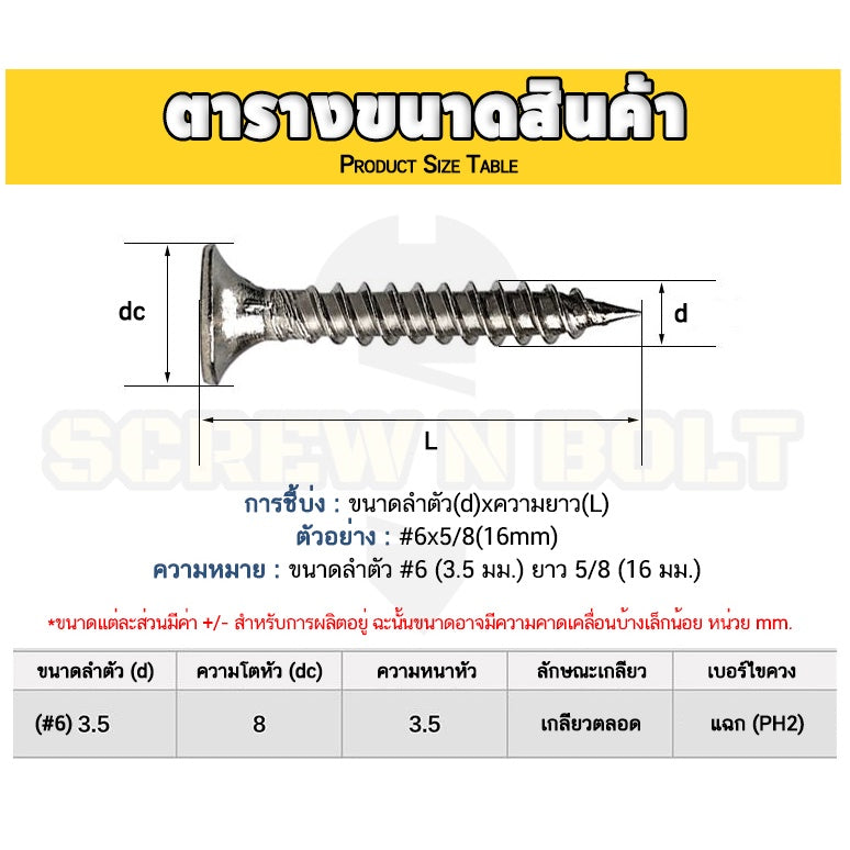 สกรู น็อต ยิงฝา ยึดไม้ผนัง ไดวอลล์ หัวแตร กันสนิม สแตนเลส 304 เกลียวปล่อย #6 (M3.5) / Drywall Screw SUS304