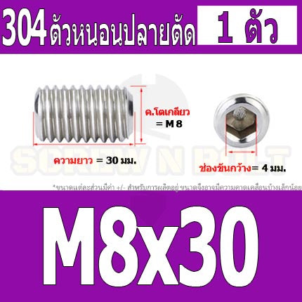 สกรู ตัวหนอน หกเหลี่ยม ปลายตัด สแตนเลส 304 เกลียวมิล หยาบ M8 / Hex Socket Set Screw w/ Cup Point M8