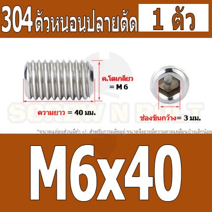 สกรู ตัวหนอน หกเหลี่ยม ปลายตัด สแตนเลส 304 เกลียวมิล หยาบ M6 / Hex Socket Set Screw w/ Cup Point M6