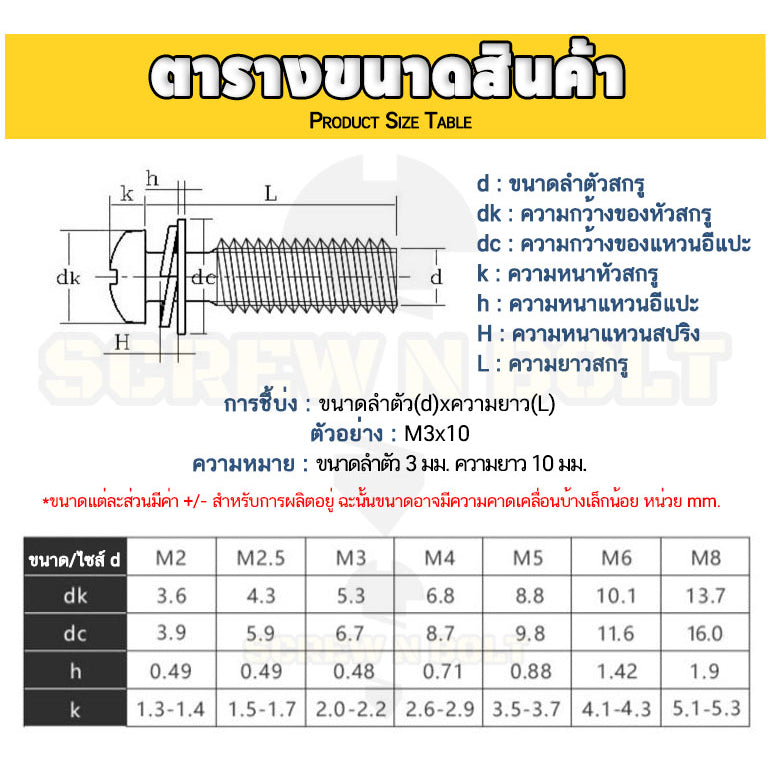 น็อต สกรู หัวกลม แฉก สวมแหวน อีแปะ+สปริง สเตนเลส 304 เกลียวมิล หยาบ M4 M5 / Pan Head Flat+Spring Washer SEM SUS