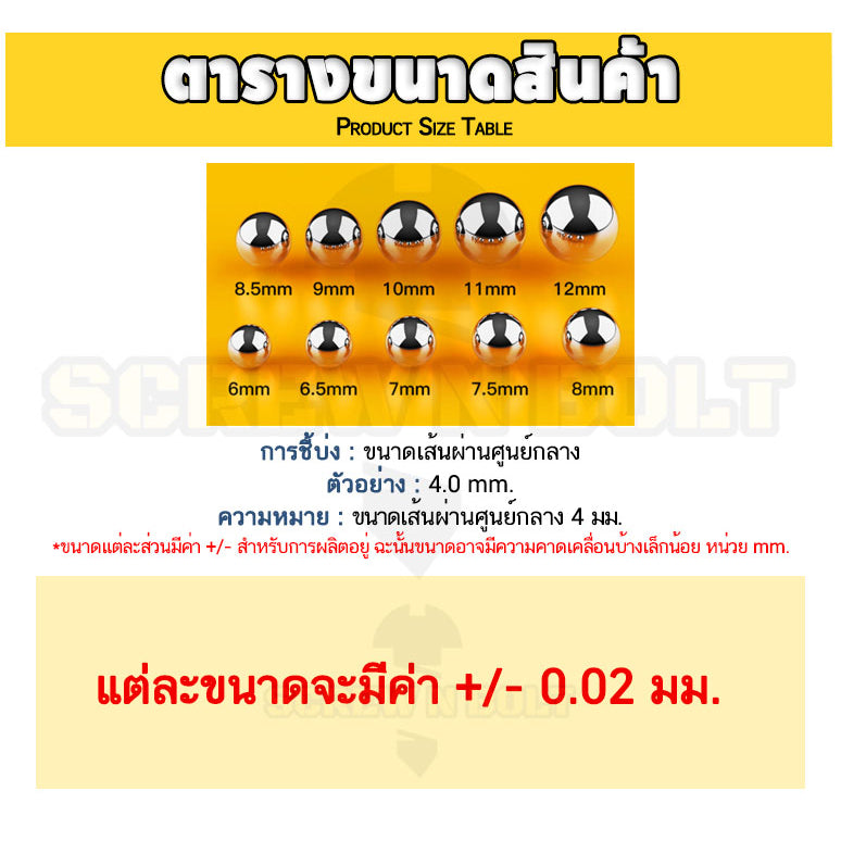 เม็ดลูกปืน ลูกปืนเม็ดกลม ลูกปืนแบริ่ง สแตนเลส 304 กันสนิม ไซส์: 45 - 60 mm. / Stainless Steel Ball Bearing SUS304