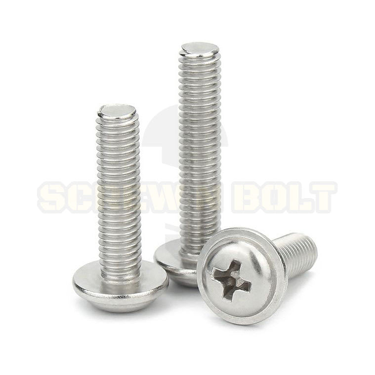 น็อต สกรู หัวกลม ติดแหวน แฉก JPW+ สเตนเลส 304 เกลียวมิล หยาบ M2 M2.5 M3 M3.5 / Pan Head Washer Machine Screw SUS304