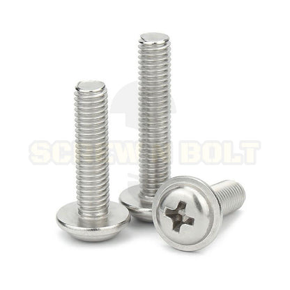 น็อต สกรู หัวกลม ติดแหวน แฉก JPW+ สเตนเลส 304 เกลียวมิล หยาบ M2 M2.5 M3 M3.5 / Pan Head Washer Machine Screw SUS304