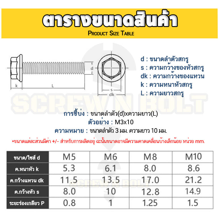 น็อต สกรู หัว 6 เหลี่ยมติดแหวน ใต้คอฟัน โบลท์ สแตนเลส 304 เกลียวมิล ตลอด หยาบ M5 M6 M8 / Flange Hexagon Bolt  SUS304