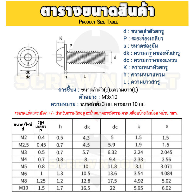 น็อต สกรู หัวจมกลม ติดแหวน ติดจาน สเตนเลส 304 เกลียวมิล หยาบ M3 M4 M5 / Button Head Washer Socket Machine Screw SUS304