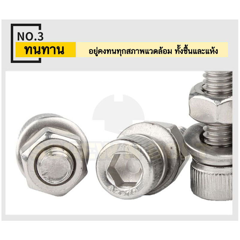 (ยกชุด) น็อต สกรู หัวจม พร้อม แหวน+สปริง+ตัวเมีย สเตนเลส 304 เกลียวมิล หยาบ M6 / (Set) Cap Socket Machine Screw SUS304