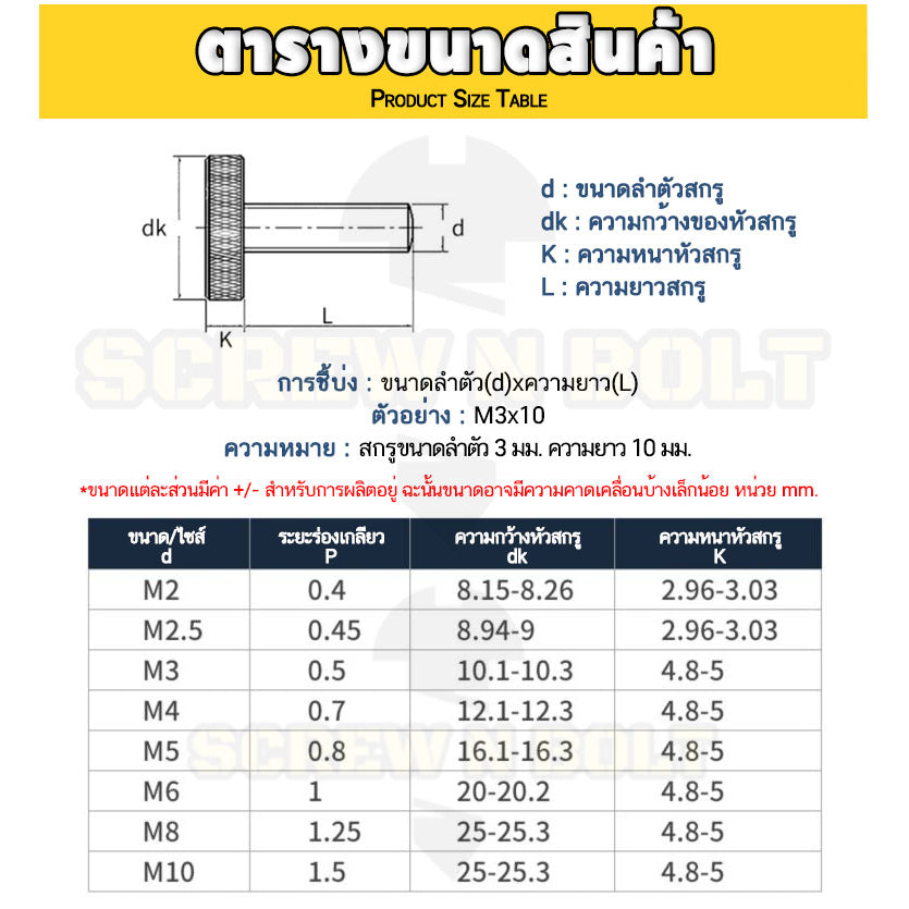 น็อต สกรู ลูกบิด มือจับ มือหมุน หัวบาง สแตนเลส 304 เกลียวมิล หยาบ M5 M6 M8 M10 / Thin Knurled Thumb Screw, SUS304