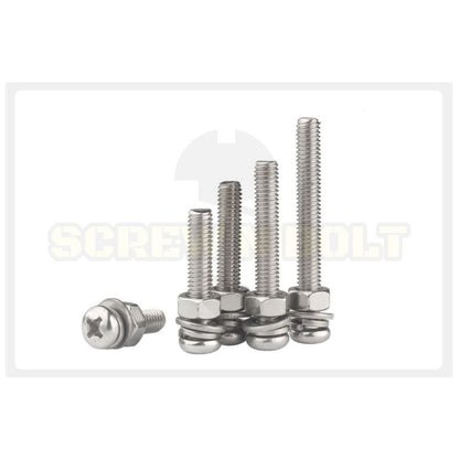 (ยกชุด) น็อต สกรู หัวกลม พร้อม แหวน+สปริง+ตัวเมีย สเตนเลส 304 เกลียวมิล หยาบ M10 / (Set) Pan Head Machine Screw SUS304