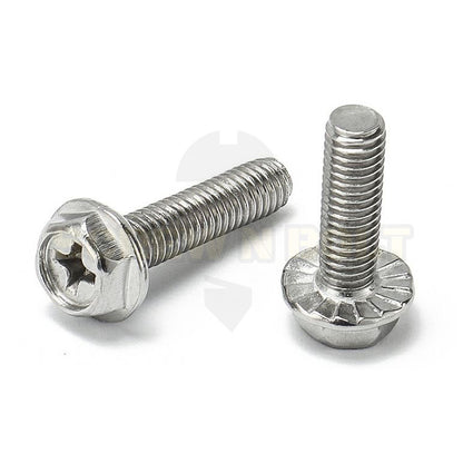 น็อต สกรู หัวหกเหลี่ยม ติดแหวน แฉก สแตนเลส 304 เกลียวมิล หยาบ M6 M8 / Indented Hex Washer Machine Screw SUS304