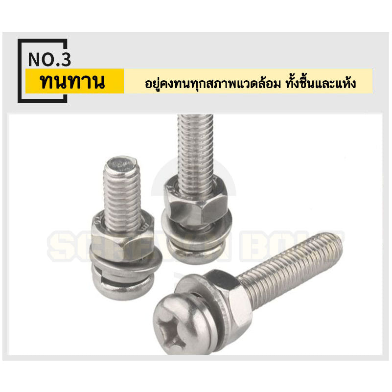 (ยกชุด) น็อต สกรู หัวกลม พร้อม แหวน+สปริง+ตัวเมีย สเตนเลส 304 เกลียวมิล หยาบ M8 / (Set) Pan Head Machine Screw SUS304