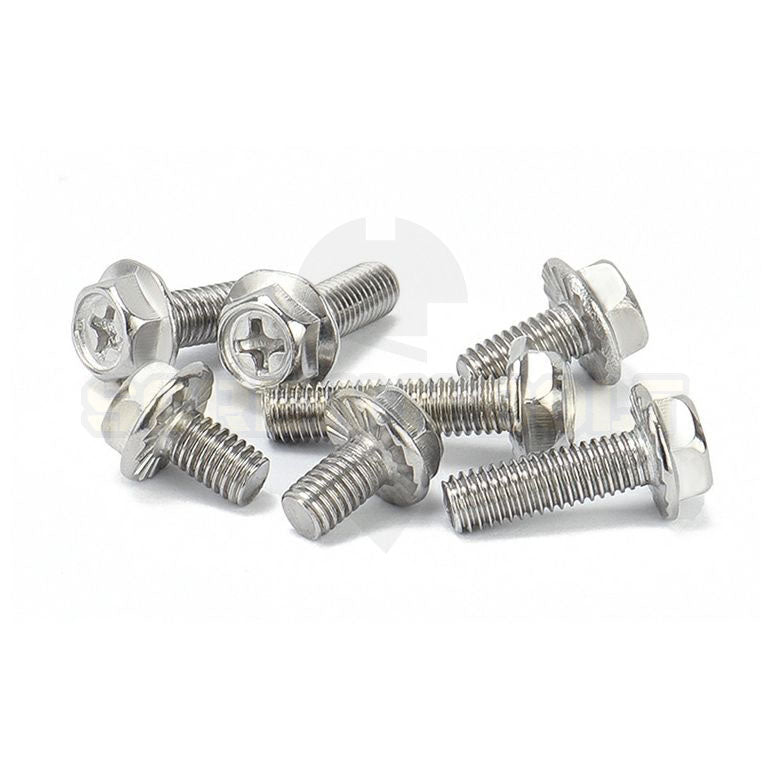 น็อต สกรู หัวหกเหลี่ยม ติดแหวน แฉก สแตนเลส 304 เกลียวมิล หยาบ M6 M8 / Indented Hex Washer Machine Screw SUS304