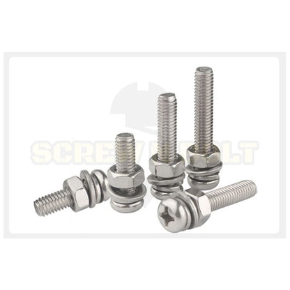 (ยกชุด) น็อต สกรู หัวกลม พร้อม แหวน+สปริง+ตัวเมีย สเตนเลส 304 เกลียวมิล หยาบ M8 / (Set) Pan Head Machine Screw SUS304