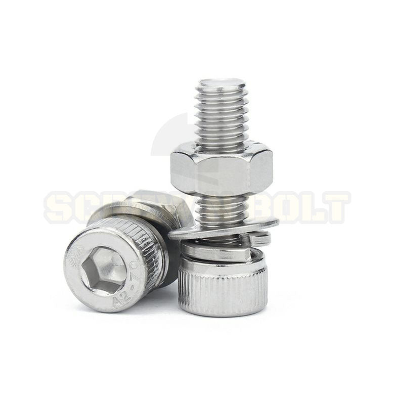 (ยกชุด) น็อต สกรู หัวจม พร้อม แหวน+สปริง+ตัวเมีย สเตนเลส 304 เกลียวมิล หยาบ M8 / (Set) Cap Socket Machine Screw SUS304