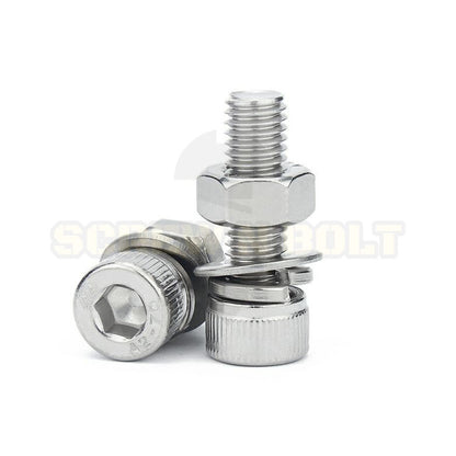 (ยกชุด) น็อต สกรู หัวจม พร้อม แหวน+สปริง+ตัวเมีย สเตนเลส 304 เกลียวมิล หยาบ M8 / (Set) Cap Socket Machine Screw SUS304