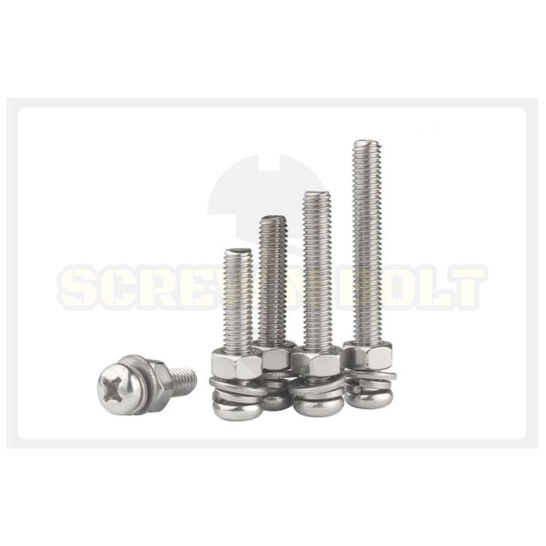 (ยกชุด) น็อต สกรู หัวกลม พร้อม แหวน+สปริง+ตัวเมีย สเตนเลส 304 เกลียวมิล หยาบ M5 / (Set) Pan Head Machine Screw SUS304