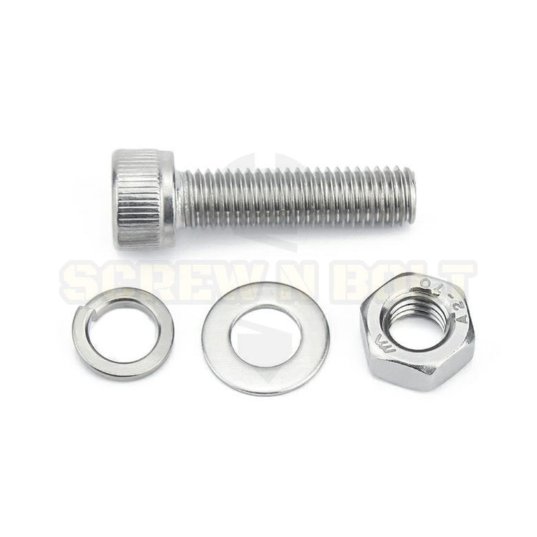 (ยกชุด) น็อต สกรู หัวจม พร้อม แหวน+สปริง+ตัวเมีย สเตนเลส 304 เกลียวมิล หยาบ M8 / (Set) Cap Socket Machine Screw SUS304