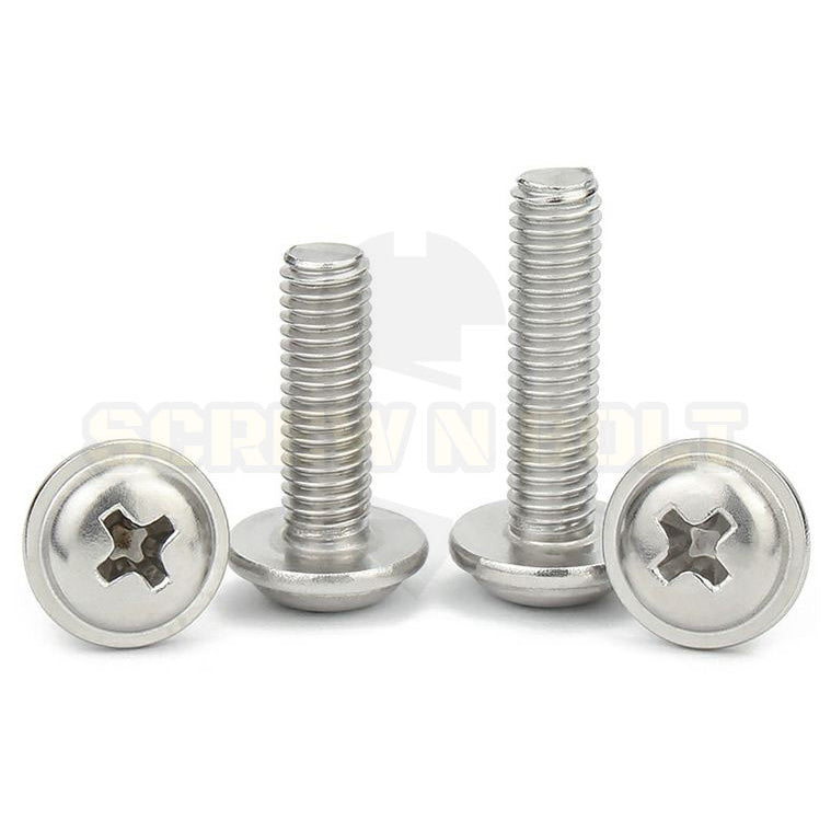 น็อต สกรู หัวกลม ติดแหวน แฉก JPW+ สเตนเลส 304 เกลียวมิล หยาบ M4 M5 M6 / Pan Head Washer Machine Screw SUS304