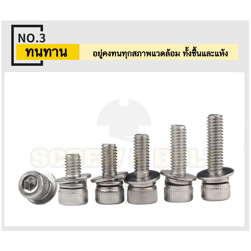 น็อต สกรู หัวจม สวมแหวน อีแปะ+สปริง สเตนเลส 304 เกลียวมิล หยาบ M10 M12 / Cap Head Flat+Spring Washer SEM SUS