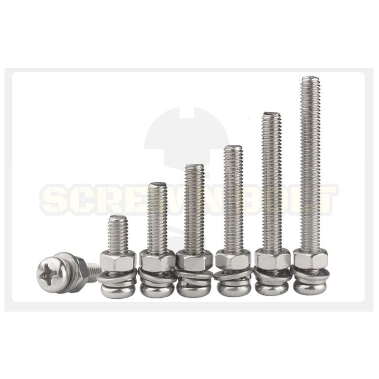 (ยกชุด) น็อต สกรู หัวกลม พร้อม แหวน+สปริง+ตัวเมีย สเตนเลส 304 เกลียวมิล หยาบ M4 / (Set) Pan Head Machine Screw SUS304