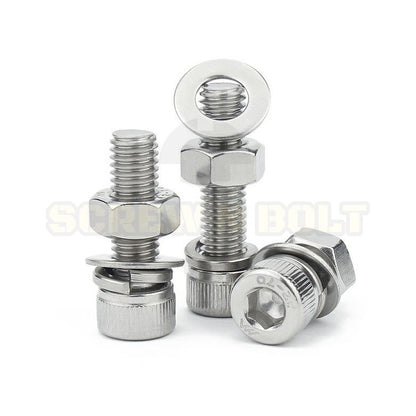 (ยกชุด) น็อต สกรู หัวจม พร้อม แหวน+สปริง+ตัวเมีย สเตนเลส 304 เกลียวมิล หยาบ M5 / (Set) Cap Socket Machine Screw SUS304