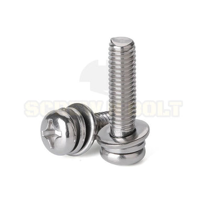 น็อต สกรู หัวกลม แฉก สวมแหวน อีแปะ+สปริง สเตนเลส 304 เกลียวมิล หยาบ M4 M5 / Pan Head Flat+Spring Washer SEM SUS