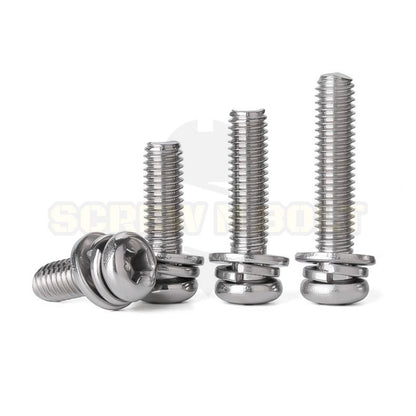 น็อต สกรู หัวกลม แฉก สวมแหวน อีแปะ+สปริง สเตนเลส 304 เกลียวมิล หยาบ M4 M5 / Pan Head Flat+Spring Washer SEM SUS