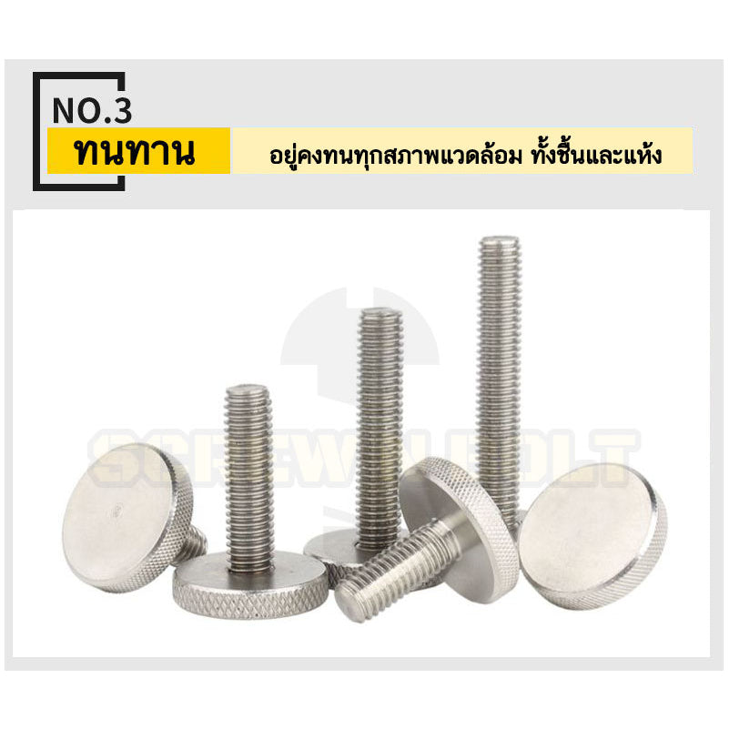 น็อต สกรู ลูกบิด มือจับ มือหมุน หัวบาง สแตนเลส 304 เกลียวมิล หยาบ M5 M6 M8 M10 / Thin Knurled Thumb Screw, SUS304