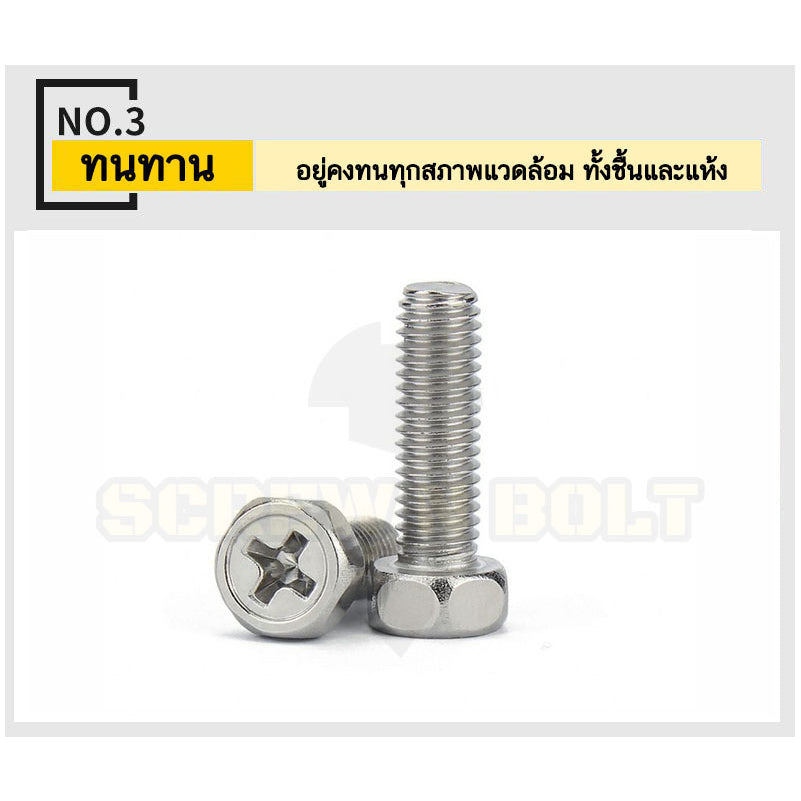 น็อต สกรู หัวหกเหลี่ยม ฝังแฉก สแตนเลส 304 เกลียวมิล หยาบ M3 M4 M5 / Indented Hexagon Machine Screw SUS