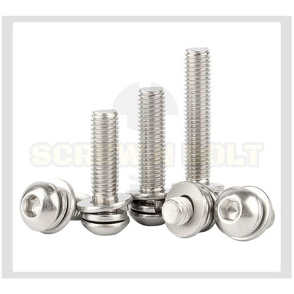 น็อต สกรู หัวจมกลม สวมแหวน อีแปะ+สปริง สแตนเลส 304 เกลียวมิล หยาบ M2.5 M3 M4 / Button Head Socket Machine Screw SEM SUS