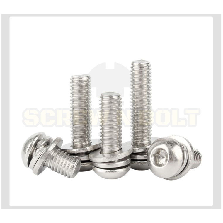 น็อต สกรู หัวจมกลม สวมแหวน อีแปะ+สปริง สแตนเลส 304 เกลียวมิล หยาบ M5 M6 M8 / Button Head Socket Machine Screw SEM SUS