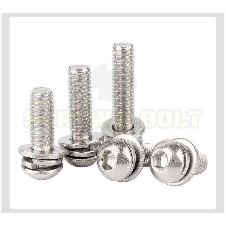 น็อต สกรู หัวจมกลม สวมแหวน อีแปะ+สปริง สแตนเลส 304 เกลียวมิล หยาบ M5 M6 M8 / Button Head Socket Machine Screw SEM SUS