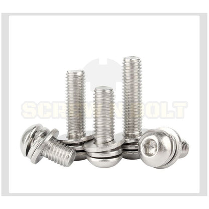 น็อต สกรู หัวจมกลม สวมแหวน อีแปะ+สปริง สแตนเลส 304 เกลียวมิล หยาบ M2.5 M3 M4 / Button Head Socket Machine Screw SEM SUS