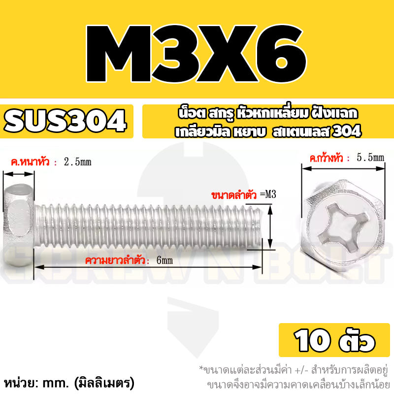 น็อต สกรู หัวหกเหลี่ยม ฝังแฉก สแตนเลส 304 เกลียวมิล หยาบ M3 M4 M5 / Indented Hexagon Machine Screw SUS