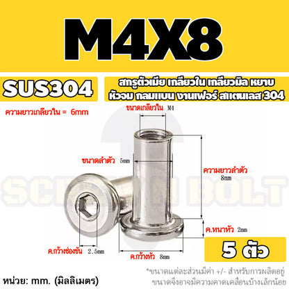 สกรูตัวเมีย เกลียวใน หัวจม กลมแบน งานเฟอร์ สแตนเลส 304 เกลียวมิล หยาบ M3 M4 M5 / Round Flat Socket Insert Nut SUS304