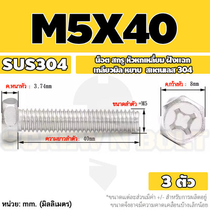 น็อต สกรู หัวหกเหลี่ยม ฝังแฉก สแตนเลส 304 เกลียวมิล หยาบ M3 M4 M5 / Indented Hexagon Machine Screw SUS
