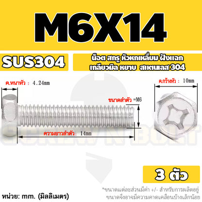 น็อต สกรู หัวหกเหลี่ยม ฝังแฉก สแตนเลส 304 เกลียวมิล หยาบ M6 M8 / Indented Hexagon Machine Screw SUS