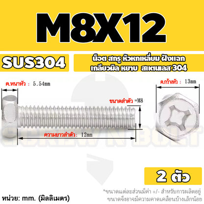 น็อต สกรู หัวหกเหลี่ยม ฝังแฉก สแตนเลส 304 เกลียวมิล หยาบ M6 M8 / Indented Hexagon Machine Screw SUS