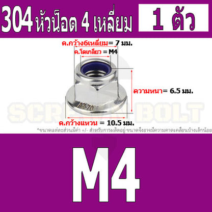 หัวน็อต ตัวเมีย ล็อค ไนลอน ติดแหวน สแตนเลส 304 เกลียวมิล หยาบ M3 M4 M5 M6 / Flange Nylon Insert Lock Nut SUS M3 M4 M5 M6