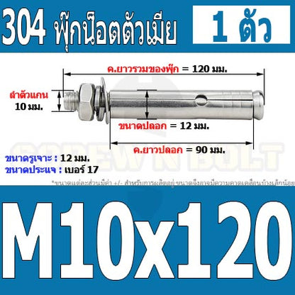 พุ๊ก พุก หัวน๊อต ตัวเมีย สแตนเลส 304 แหวนอีแปะ+สปริง M10 / Sleeve Expansion Anchor Bolt with Nut SUS304 M10