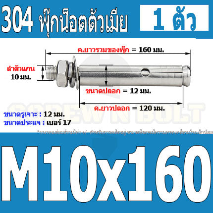 พุ๊ก พุก หัวน๊อต ตัวเมีย สแตนเลส 304 แหวนอีแปะ+สปริง M10 / Sleeve Expansion Anchor Bolt with Nut SUS304 M10
