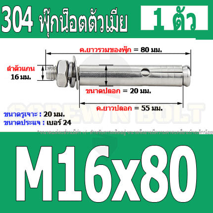 พุ๊ก พุก หัวน๊อต ตัวเมีย สแตนเลส 304 แหวนอีแปะ+สปริง M14 M16 / Sleeve Expansion Anchor Bolt with Nut SUS304 M14 M16
