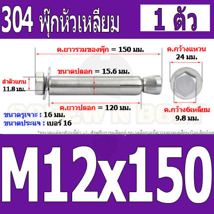 พุ๊ก พุก หัว 6 เหลี่ยม โบลท์ สแตนเลส 304  M10 M12 / Sleeve Expansion Anchor Hexagon Head Bolt SUS304 M10 M12