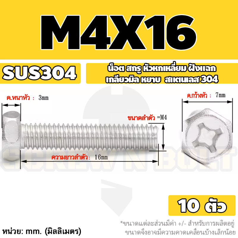 น็อต สกรู หัวหกเหลี่ยม ฝังแฉก สแตนเลส 304 เกลียวมิล หยาบ M3 M4 M5 / Indented Hexagon Machine Screw SUS